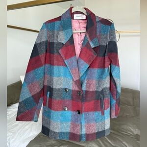 Vintage ShariLove Plaid Double Breasted Pea Coat Womens 12 Blue Academia Jacket